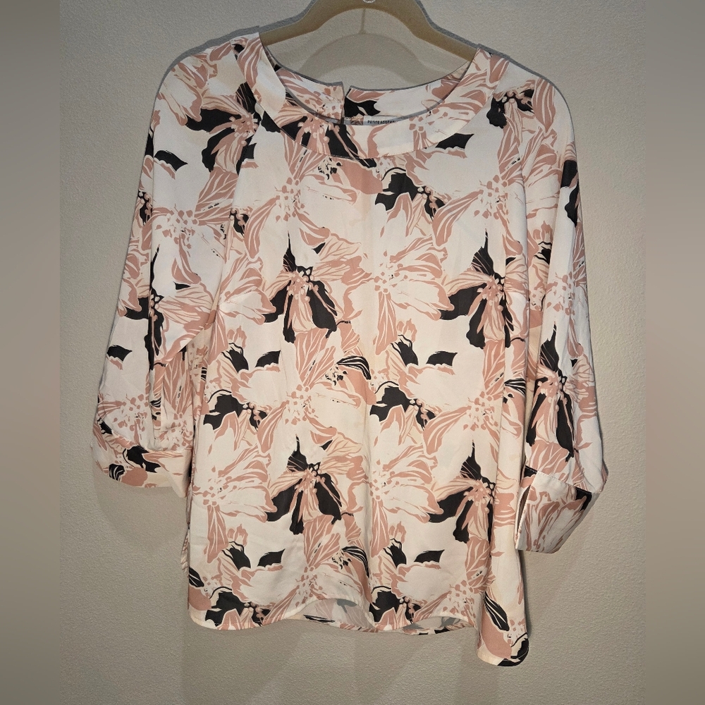 Petite Assembly MP Floral Print Blouse in Light Peach and Deep Olive Green.